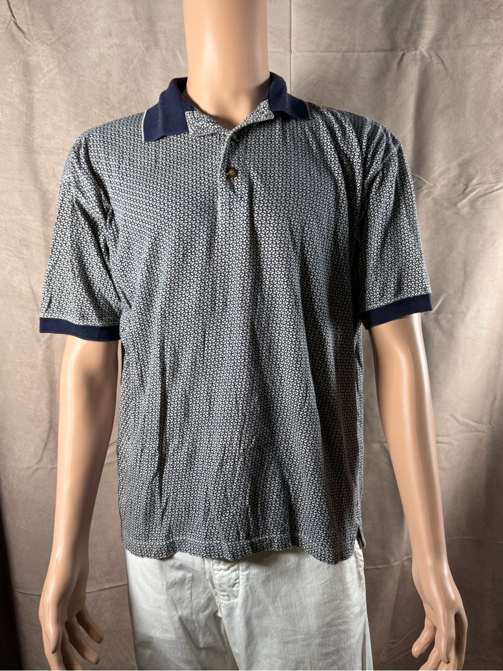 Limited Edition-Robert Stock Navy Micro-Geometric Polo with Dark Navy Trim